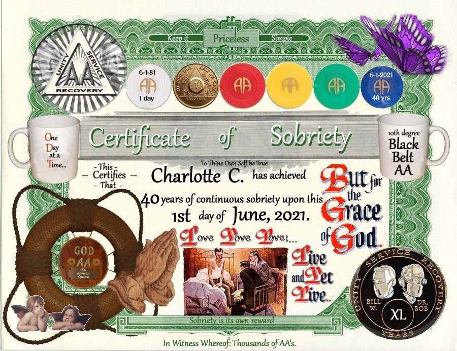 certificate of sobriety given to a friend on her 40th on FaceBook