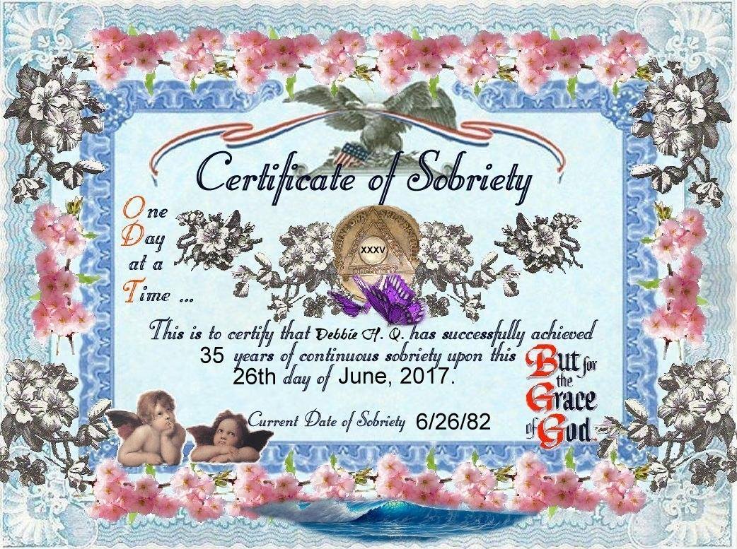 Certificate of Sobriety given to friend on 35th on FaceBook
