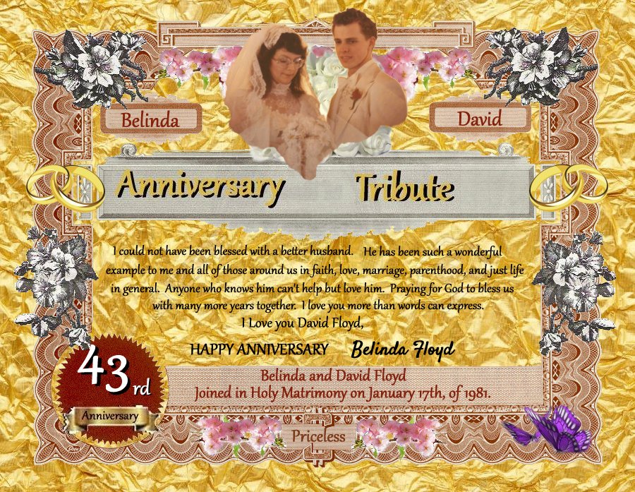 wedding anniversary tribute certificate gien out to my cousin and her husband on FaceBook
