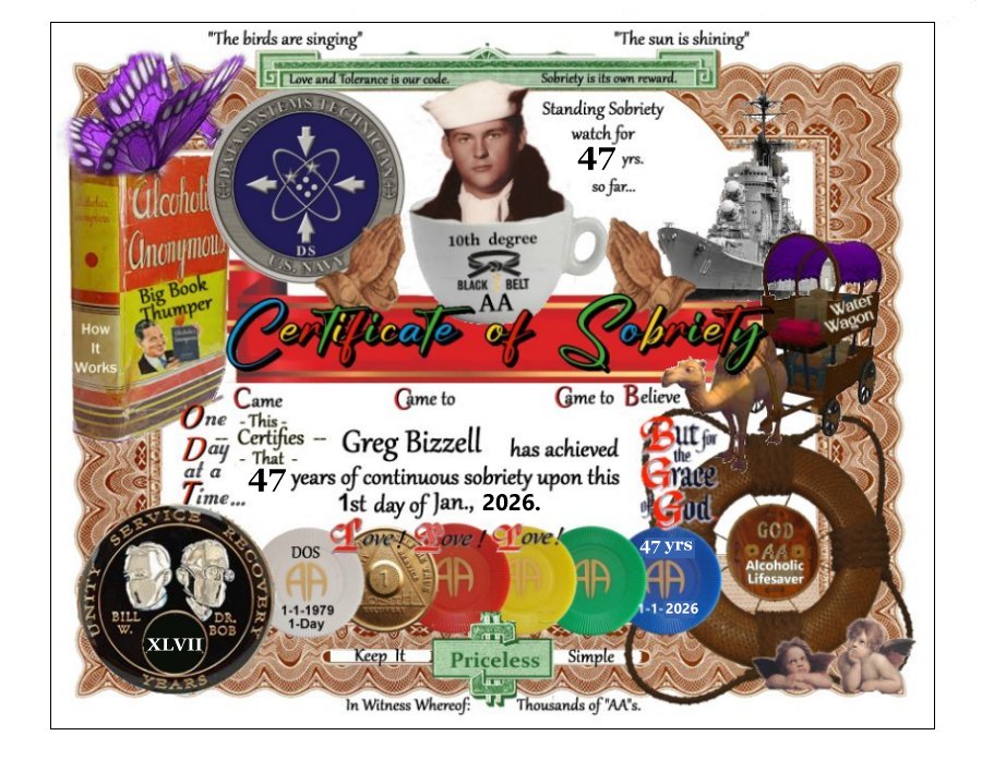 Certificate of Sobriety I made up for my 47th anniversary of sobriety