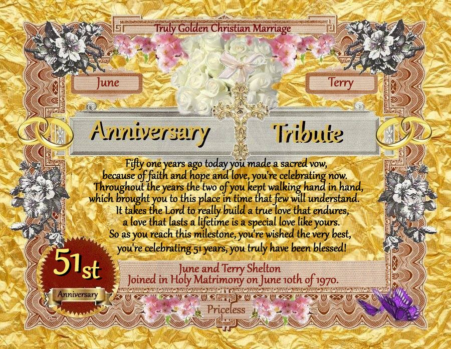 wedding anniversary tribute certificate given to a friend and his wife