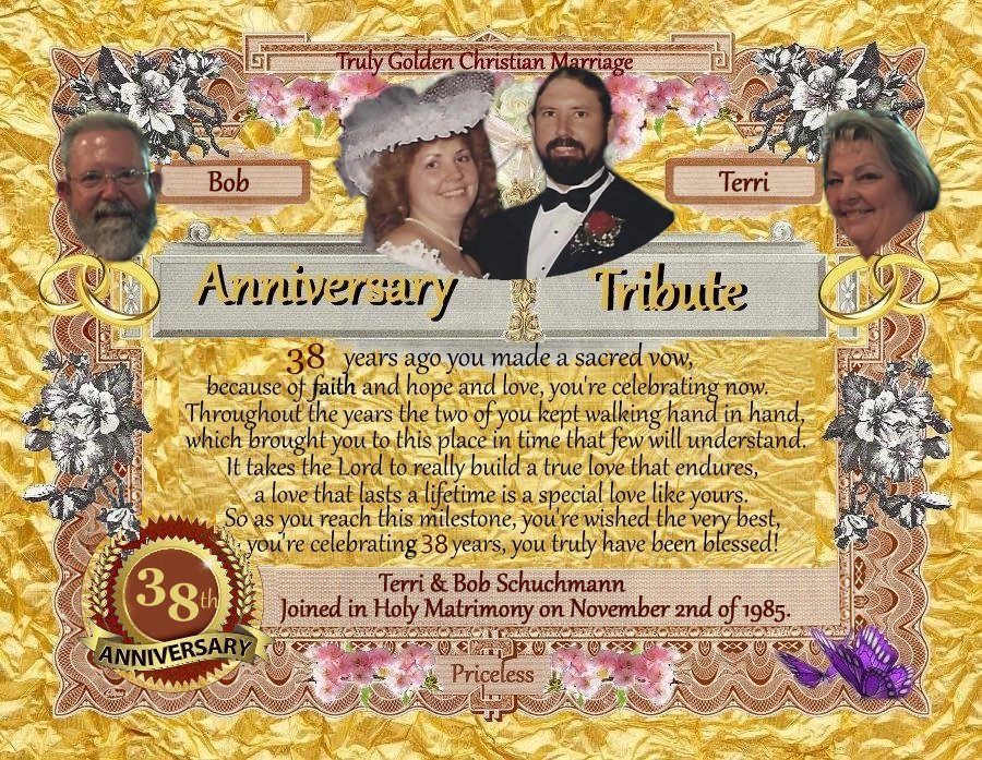 Wedding anniversary tribute certificate given out to a friend and his wife