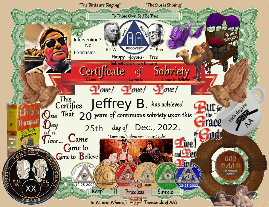 certificate of sobriety given to a friend on his 20th on FaceBook