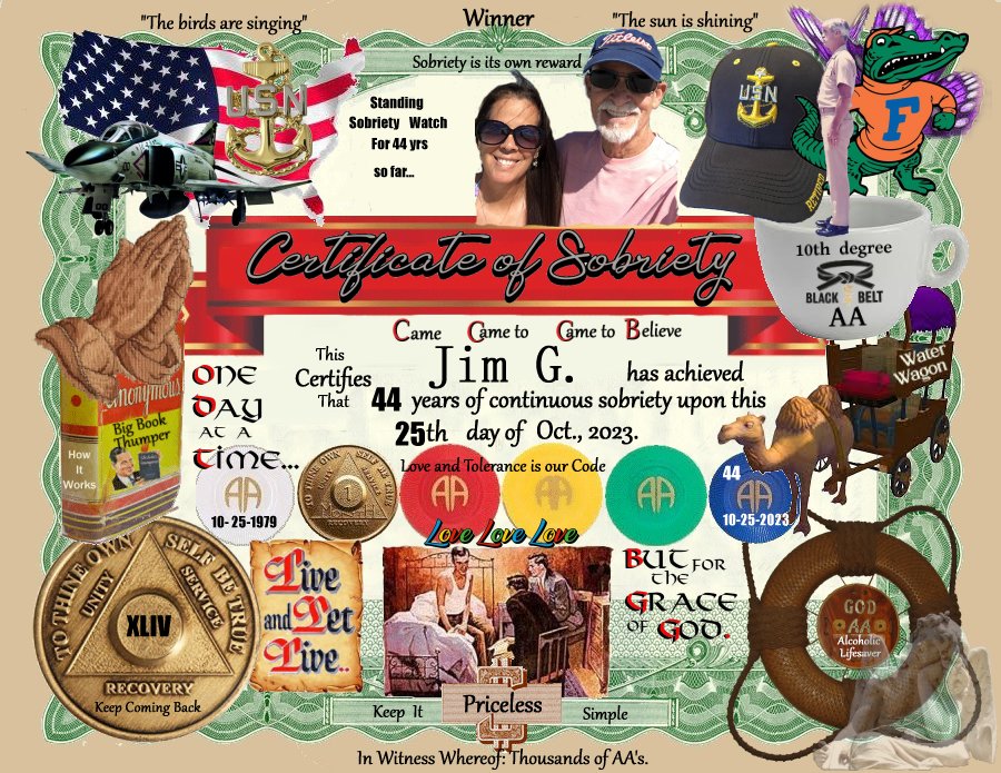 sobriety certificate given to this friend on his 44th on FaceBook