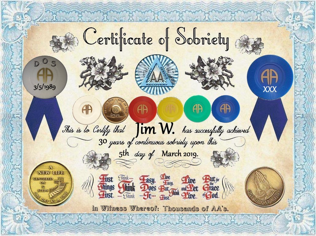 certificate of sobriety given out to a friend on his 30th on FaceBook