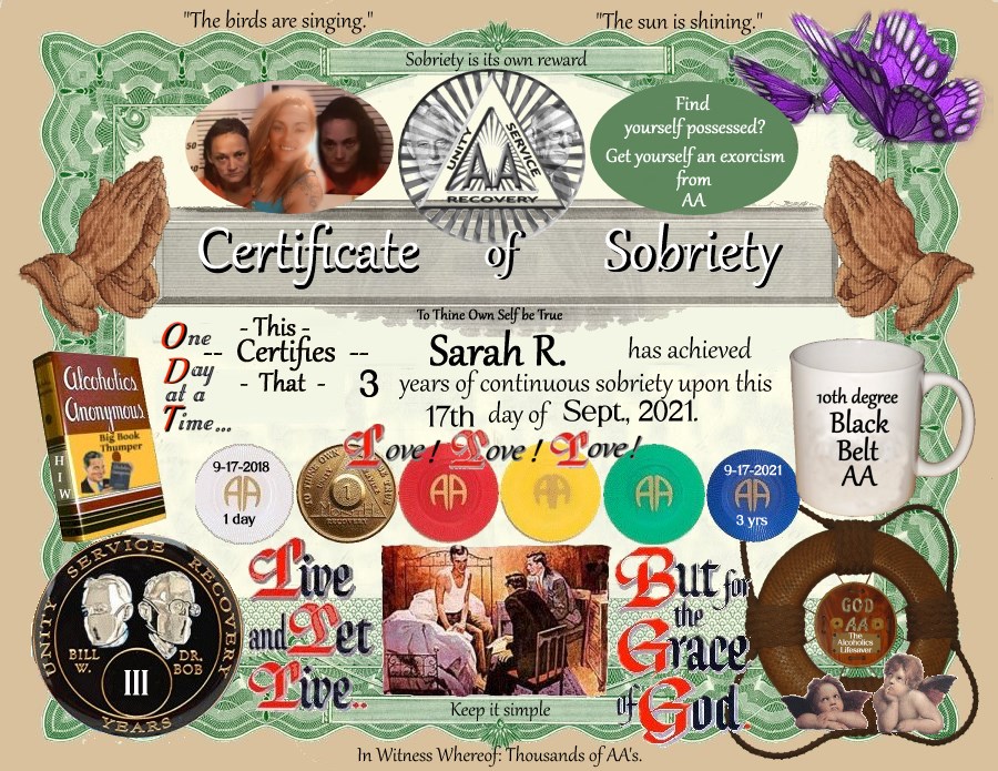 sobriety certificate given to a recovery member person on FaceBook
